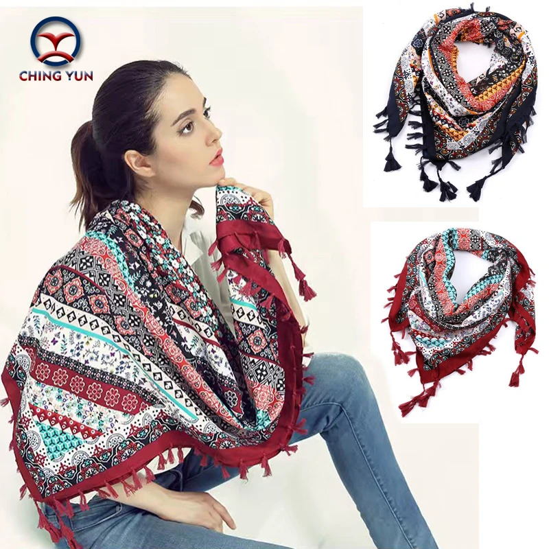 

2016 hot sale fashion woman 110*110cm Scarf cotton and linen big square scarves short tassel flowers Women Winter lady shawls