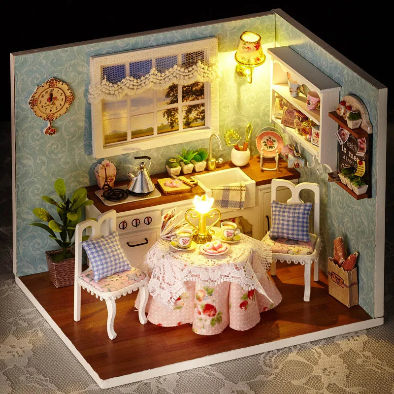 Кукольный домик ручной работы деревянная мебель Miniatura 3D миниатюрный кукольный домик игрушки для возлюбленной подарки для валентинки-счастливая кухня