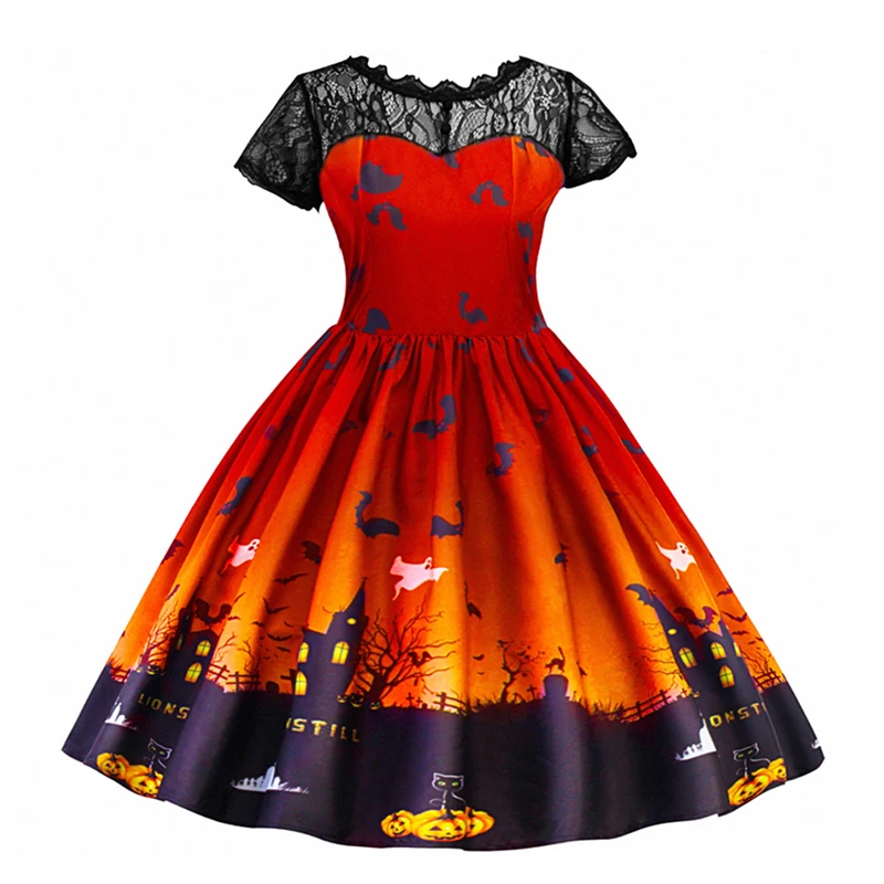 Кружевное платье для девочек на Хеллоуин; Детские праздничные платья с принтом ужасной сцены; одежда с принтом «летучая мышь» и «призрак»; Модная одежда с героями мультфильмов; Fille Robe