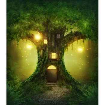 

Photography Background Wizard's Tree House Green Light Natural Forest Fairy Tale Backdrop Decor Photocall Backdrop Photo Studio