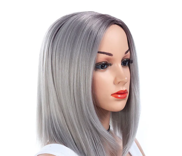 Женские парики средней длины из высокотемпературного волокна с эффектом омбре для леди блонд/серый градиентный бахрома женские волосы - Цвет: grey