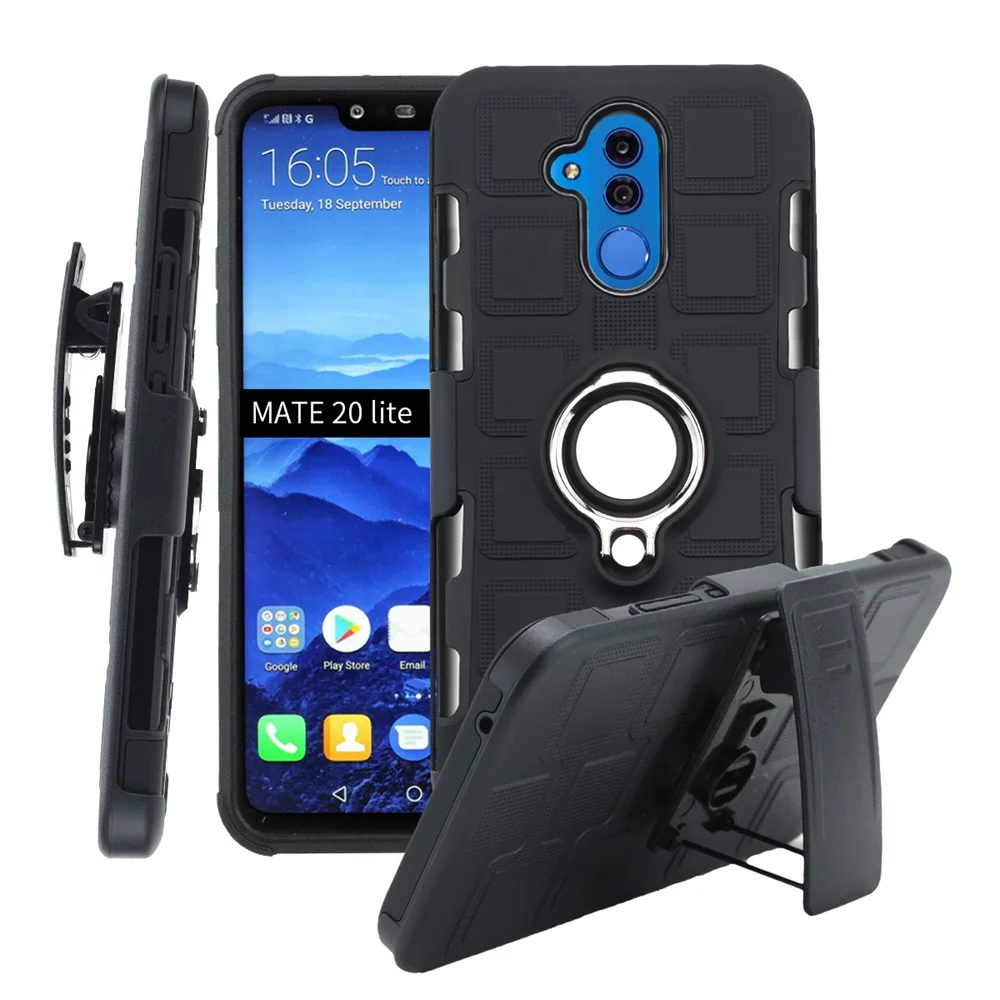 

FastDeng Luxury Waist Belt Clip Phone Shell For Huawei P20lite TPU+PC Dual Armor with Rigid Stand Silicone Case For Mate20lite