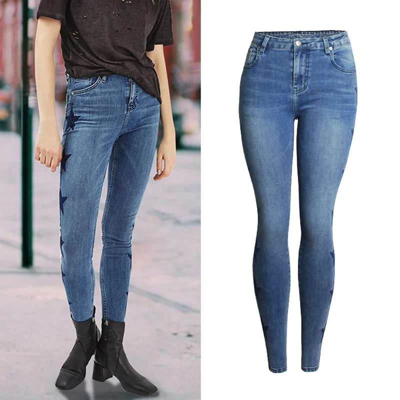 CamKemsey, S-3XL размера плюс, с вышивкой в виде звезд, с высокой талией, джинсы для женщин, стрейчевые, обтягивающие джинсы для женщин, узкие джинсы, Капри