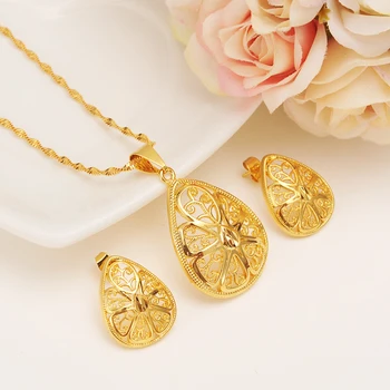 

Gold dubi flower hollow Jewelry Sets stud Earrings Pendant necklace chain African bridal Women Party African wedding gifts
