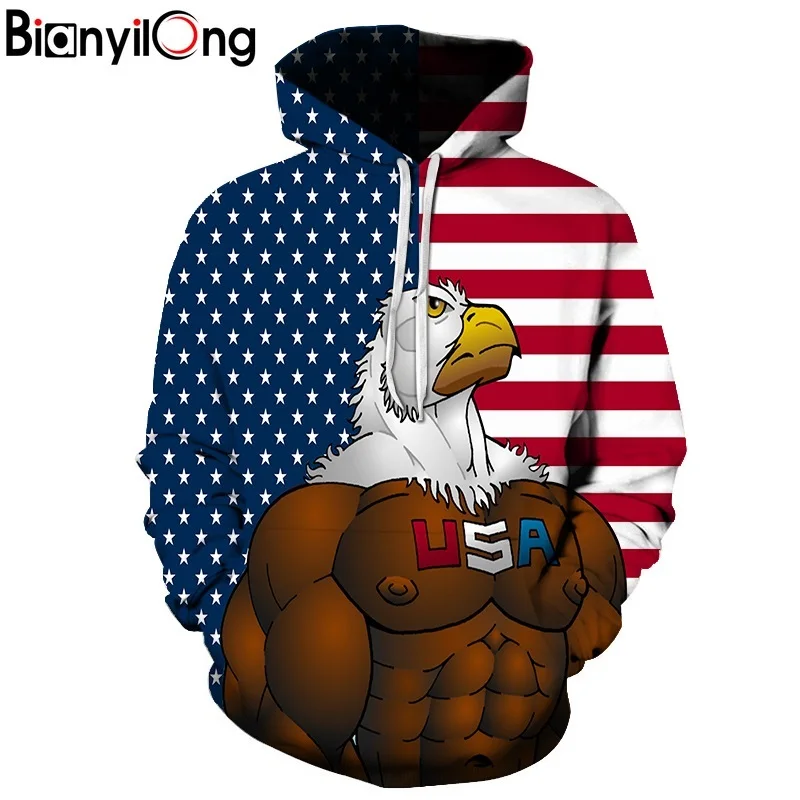 Толстовки bianyilong с капюшоном Для мужчин/Для женщин толстовки с американский флаг-орел печать осень-зима свободные тонкие космический