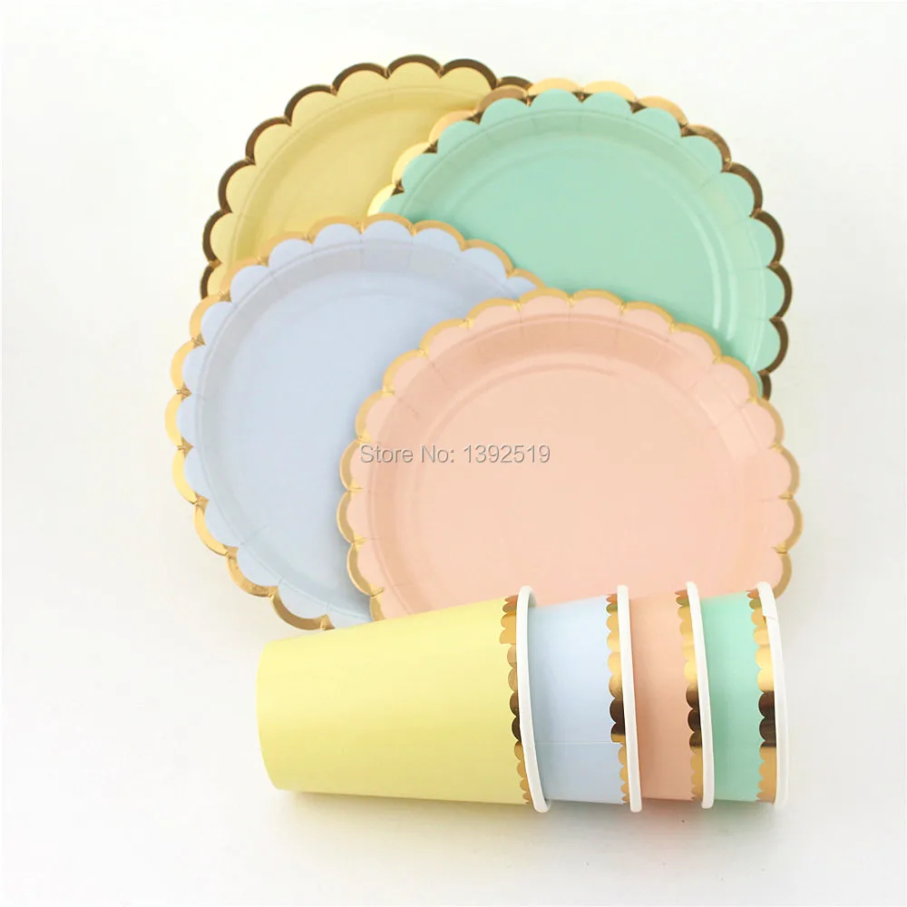

Free Ship scallop edge 7inch Paper Plates 9oz Paper Cups Mint/peach/yellow/blue with Gold Trim For Birthday Party Mermaid Pastel