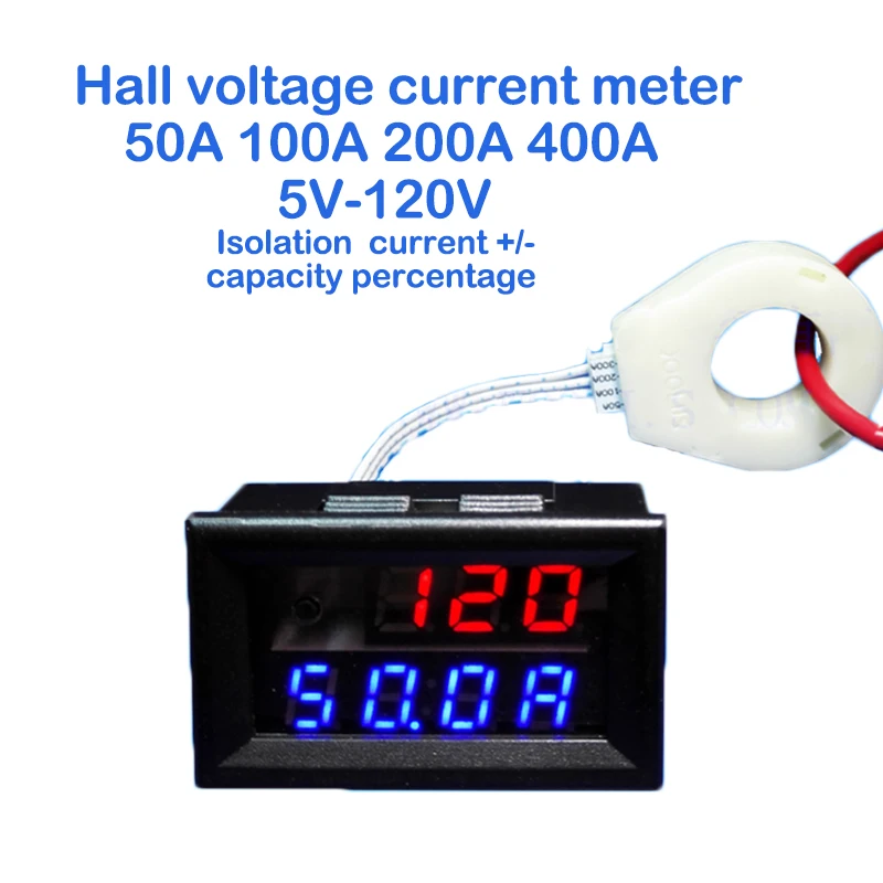 

50A 100A 200A 400A Hall Coulomb Meter Battery Capacity Indicator Percentage Voltage Current Ammeter Voltmeter Dual Display eBike