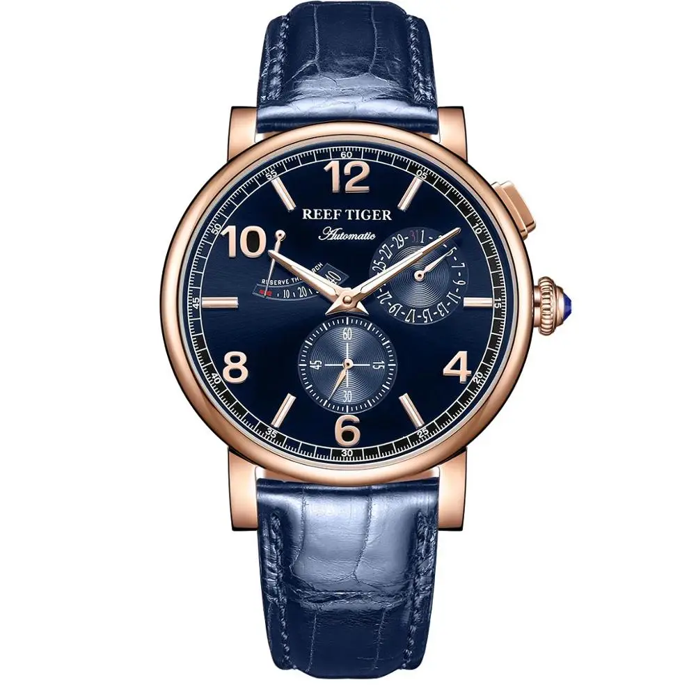

Reef Tiger/RT 2019 Luxury Men Leather Strap Calendar Rose Gold Case Genuine Analog Automatic Watches RGA1978