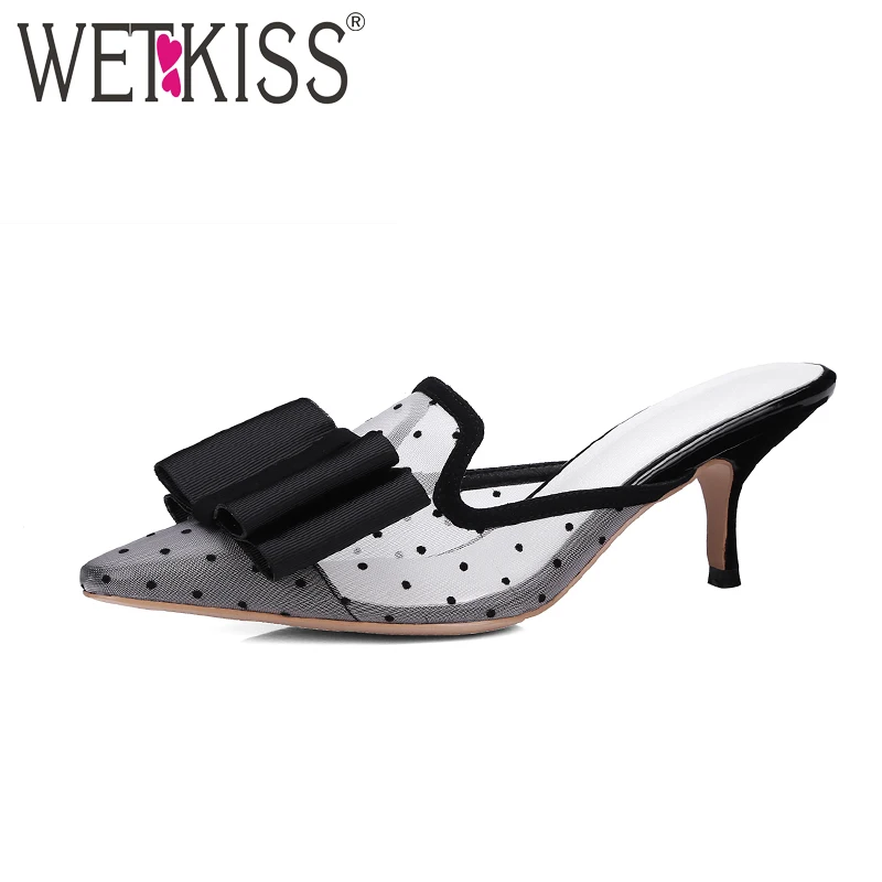 WETKISS Handmade Sexy Mesh Butterfly Knot Slippers Women Shoes Summer Thin High Heels Pointed toe Mules Shoes Female Slides venchale 2018 summer new cow leather solid outside butterfly knot high thin heel three colors casual pointed toe women s slides