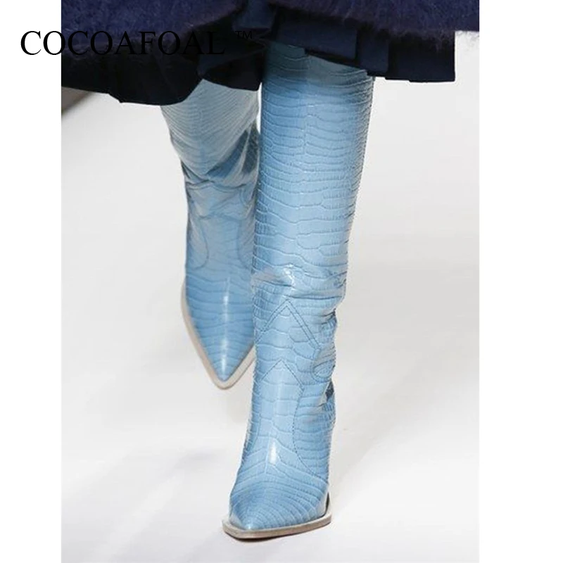 

KEAIQIANJIN New Pointed Women Cowboy Boots High Heel Knee High Boots Patchwork Embossing Plaid Runway Boots Knight Long Booties