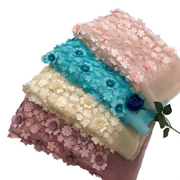 

4 Color Are Available Diamond Stone Handmade 3d Embroidery Beaded Tulle Lace Fabric New Soft and High Quality Fashion