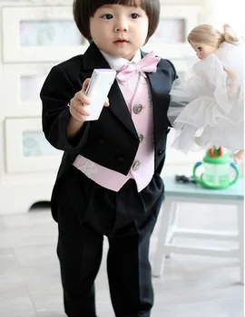 

Brand New Boy Tuxedos Peak Satin Lapel Children Suit Black Kid Wedding/Prom Suits ( Jacket+Vest+Pants+Bow Tie +Shirt ) NH3