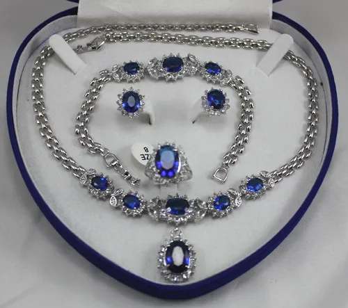 2 choices wholesale blue crystal 10*14mm ring(#7.8.9) 18&quot chain pendant necklace stud earrings &ampbracelet jewelry set AA1013 |