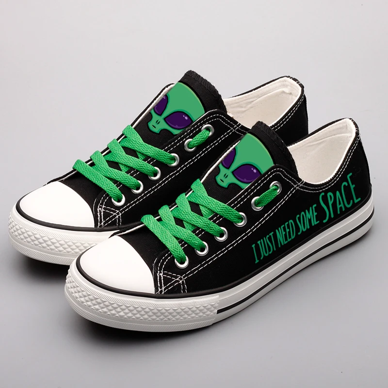 E-LOV Space Alien Design Flat Canvas Shoes Women Tenis Espadrilles Low Top Solid White Black Casual Walking Shoe Footwear | Обувь