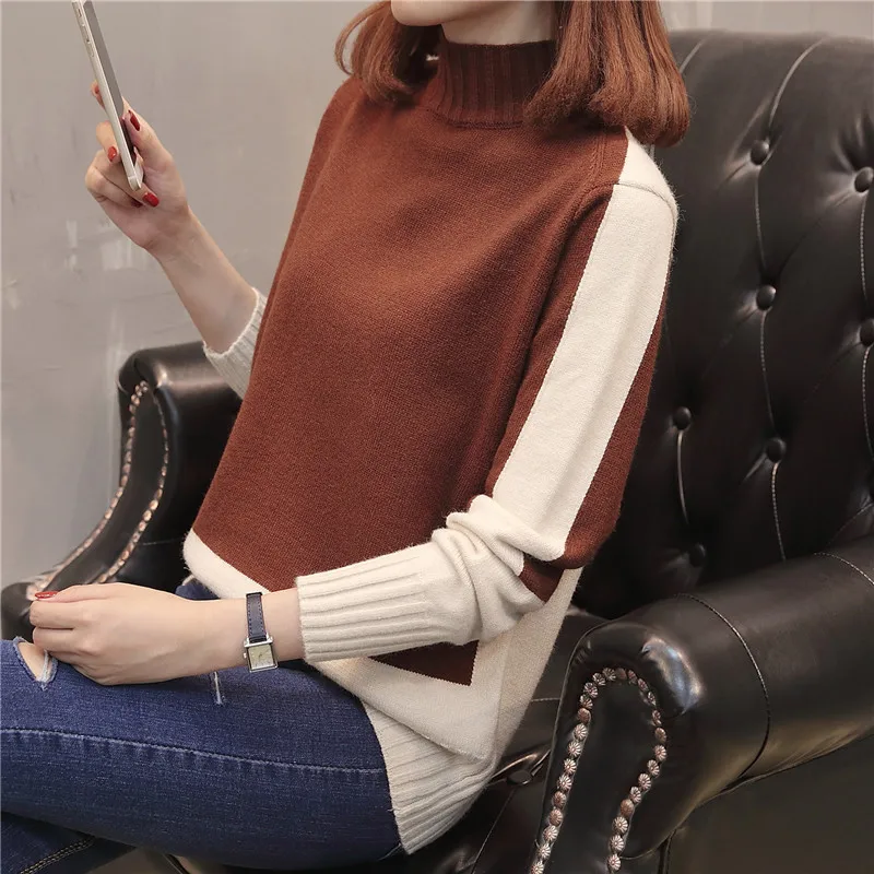 2019 женский свитер весна осень цвет соответствующий Высокий воротник пуловер с длинным рукавом вязаный СВОБОДНЫЙ Модный женский вязаный