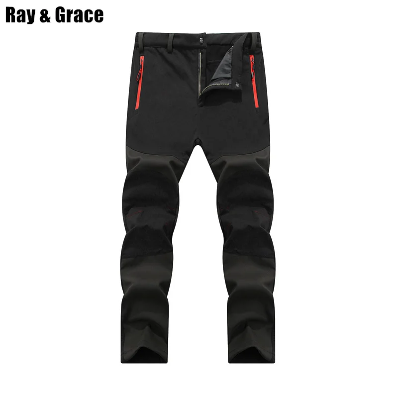 RAY GRACE invierno gruesa pantalones de senderismo al aire libre de los hombres Trekking, escalada de montaña deportes pantalones de cáscara suave de lana térmica Pantlon