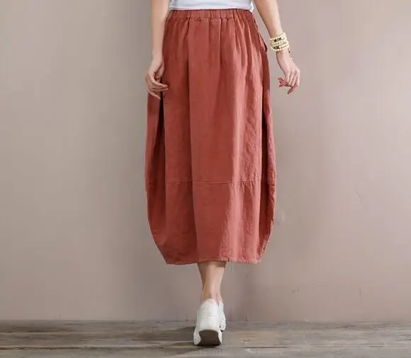 Mid Mujer Ealstic Nuevo Y Tamaño calf Plus Cintura Moda Primavera Imperio Negro Casual Algodón Lino Rojo De Sgy0802 Para Otoño Faldas coral 4qIadnf7w4