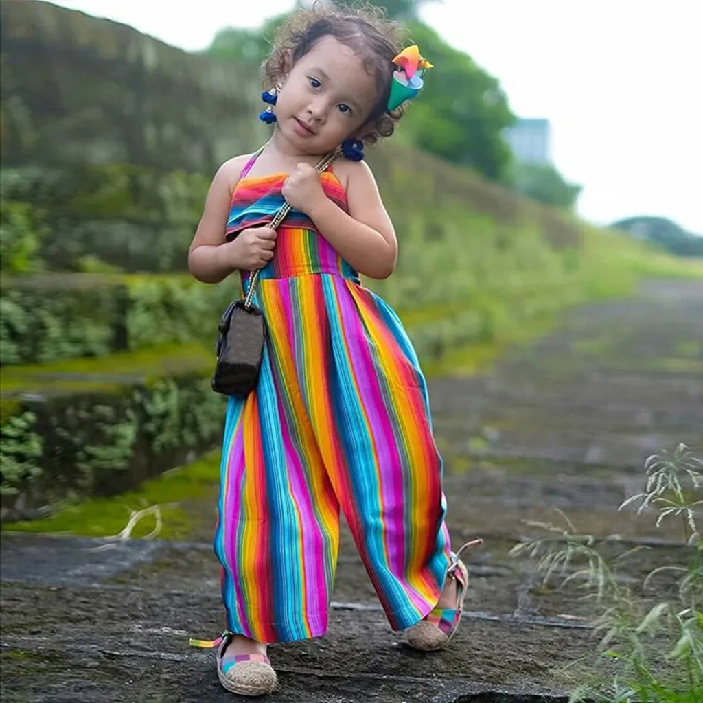 

Toddler Kids Colorful Romper Summer New Arrival Girl Backless Rainbow Strap Jumpsuit Beach Style Cotton Long Pant HOOLER