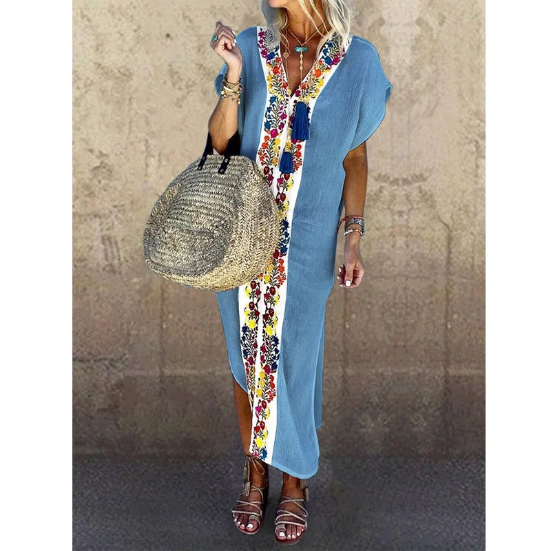 

Boho Long Dress Floral Patchwork V-neck Short Sleeve Sexy Split Side Casual Dresses For Women Summer Beach Sundress Plus Size