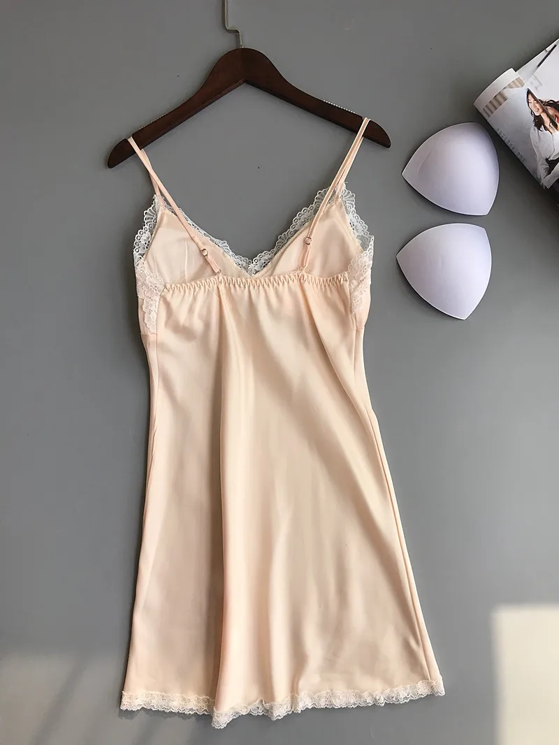 Lace Patched Woman Silky Smooth Slips with Pads Negligee Camisole Women Full Slips Nightgown Dress Sexy Lingerie 5 colors