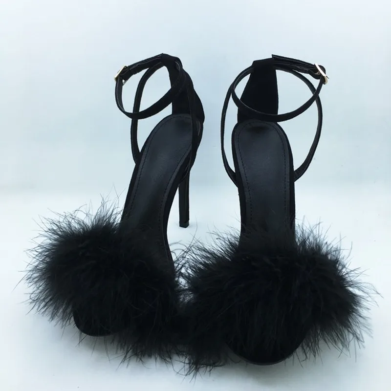 Ladies High Quality Summer Shoes Black Sexy Faux Fur Heels Lovely Black ...