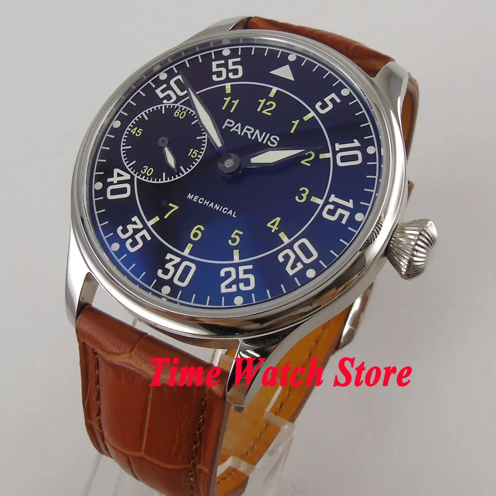 

Parnis 44mm black dial luminous dual time zone 17 jewels 6497 hand winding movement Men's watch 647