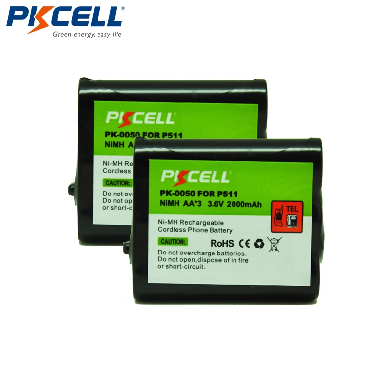 2pcs PKCELL 3.6V 2000mAh NiMH Cordless Phone Battery For Panasonic P-P511 P511 PP511 HHR-P402 KX-TG2730 TG5100B photo
