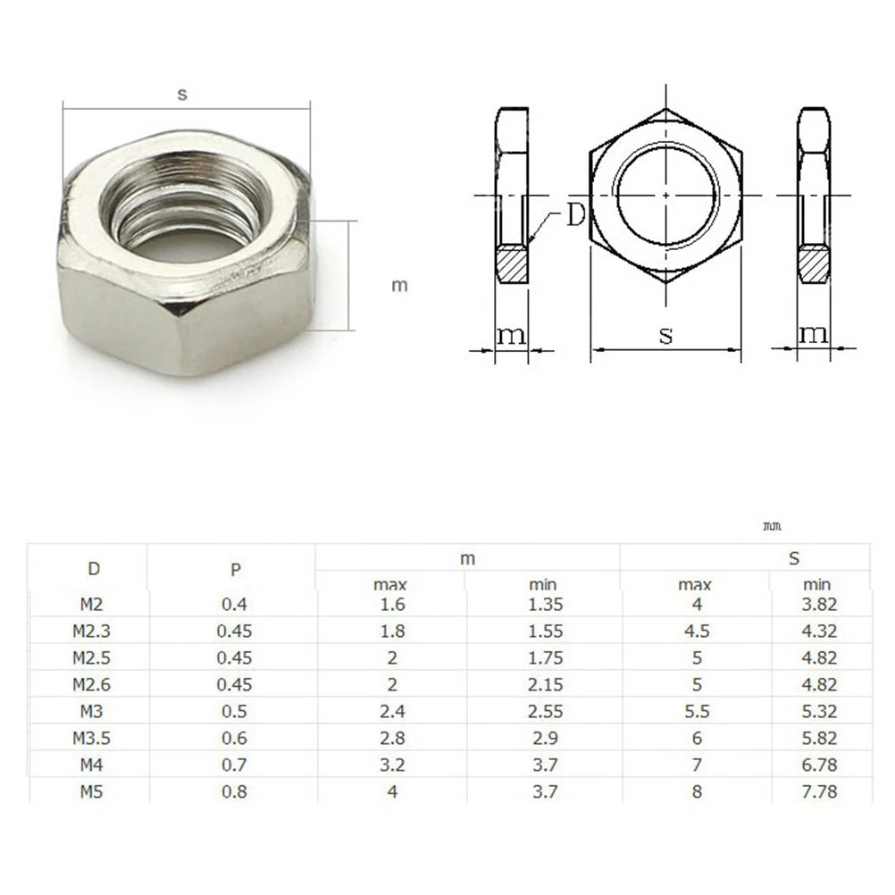 

100pcs/lot Hex Nuts M2 M2.5 M3 M4 M5 Carbon Steel Hex Screw Nut Steel Hexagon Galvanized Nuts