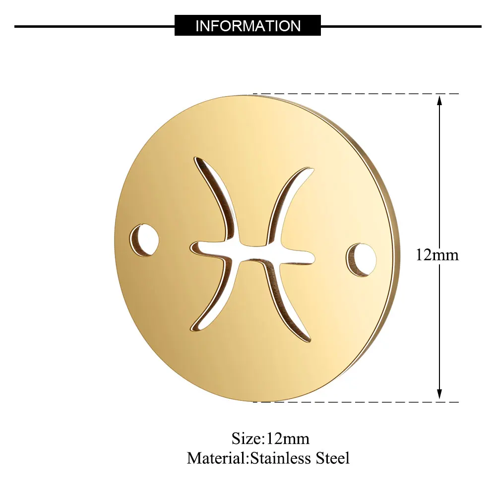 Breloques du Zodiaque en Acier Inoxydable avec Deux Trous, Bijoux de 12mm, 12 Pièces