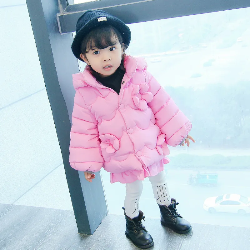 Girls Winter Thicken Clothing Baby Girls Winter Coat Hooded Collar Solid Color Flower adornment Out