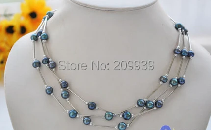 

huij 001032 Wholesale 3pcs 17" 7mm black peacock round freshwater pearl necklace