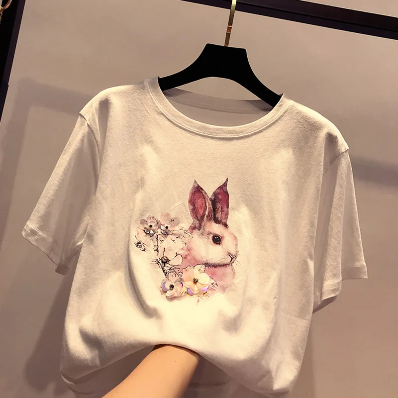 

2018 Summer New Harajuku Women T Shirt Rabbit Korean Style Cotton Loose Crop Tops Beading Casual T-Shirt Female Tee Tops