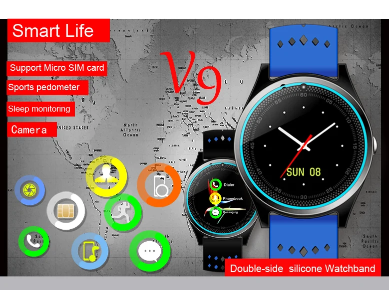 

V9 Smart Watch Men Sleep Monitor Pedometer Camera Bluetooth SIM Card Sport Smartwatch for Android Phone iPhone