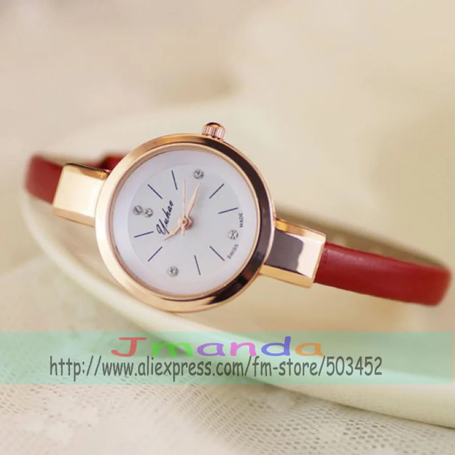 100 шт./лот Yuhao-F039 элегантность наручные часы с бриллиантами модные мини-ремень женские кожа часы шарфов кварцевые повседневные часы