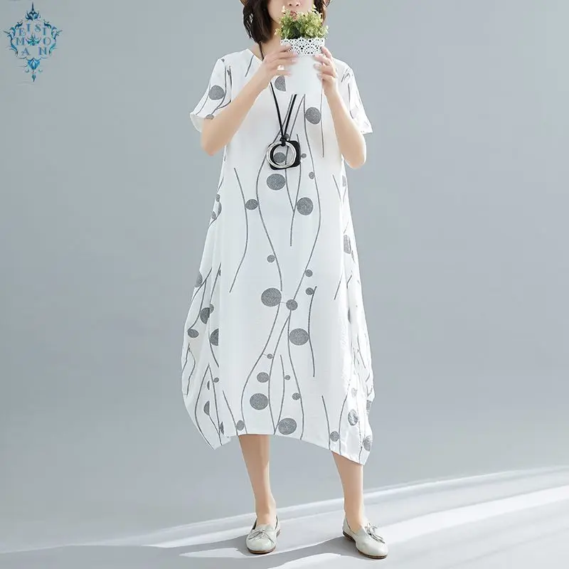 

Ameision 2019 Summer short sleeve Crewneck Dresses Vintage Loose slimming Cotton Linen Stylish comfortable Printing Long Dress