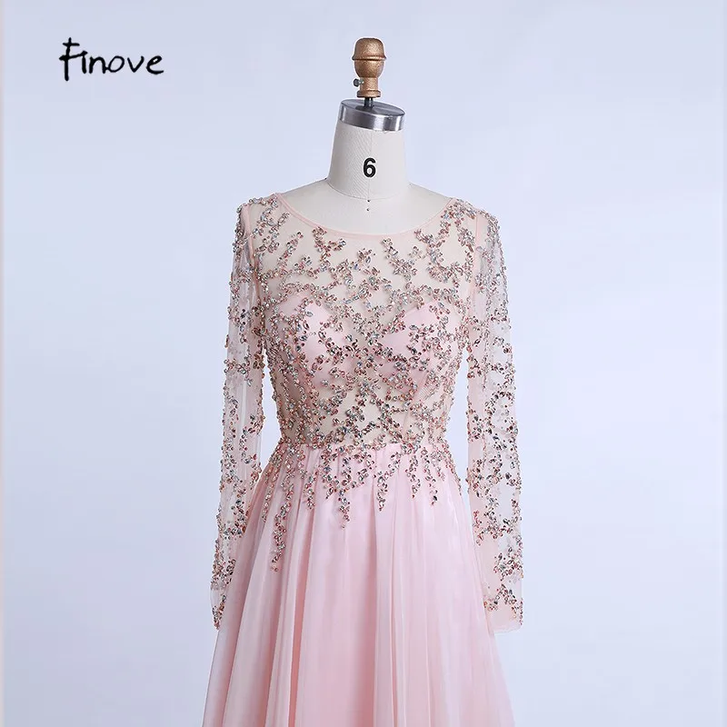 Finove Prom Dresses Long 2020 Long Sleeve Crystals Beading By Hand Sexy See-through A-Line Bridesmaid Dresses Robe de Soiree