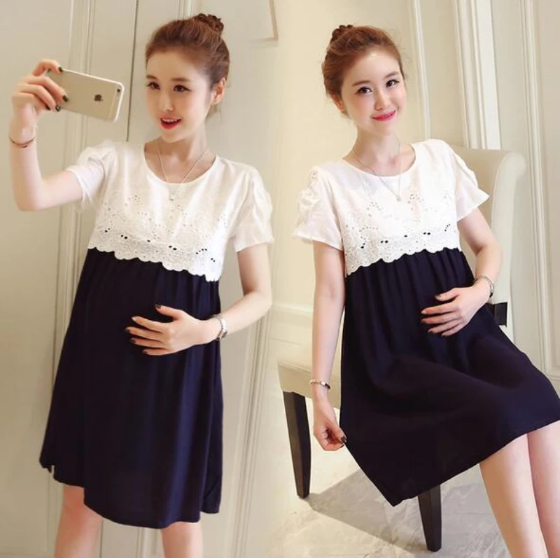 Pregnant Women Lace Splicing Patchwork Dress Summer Pregnancy Clothes for Pregnant Casual Loose Short Sleeve Maternity Dresses (2)