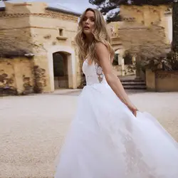 Бохо принцесса свадебное платье высокого качества с аппликацией из кружева и тюля Спагетти ремни поезд невесты платье спинки vestido de noiva 2019