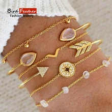 Золотой цвет богемный ручной работы полый Розовый Камень Браслет стрелки наборы для женщин Веревка Цепи Браслеты Ретро ювелирные изделия аксессуары
