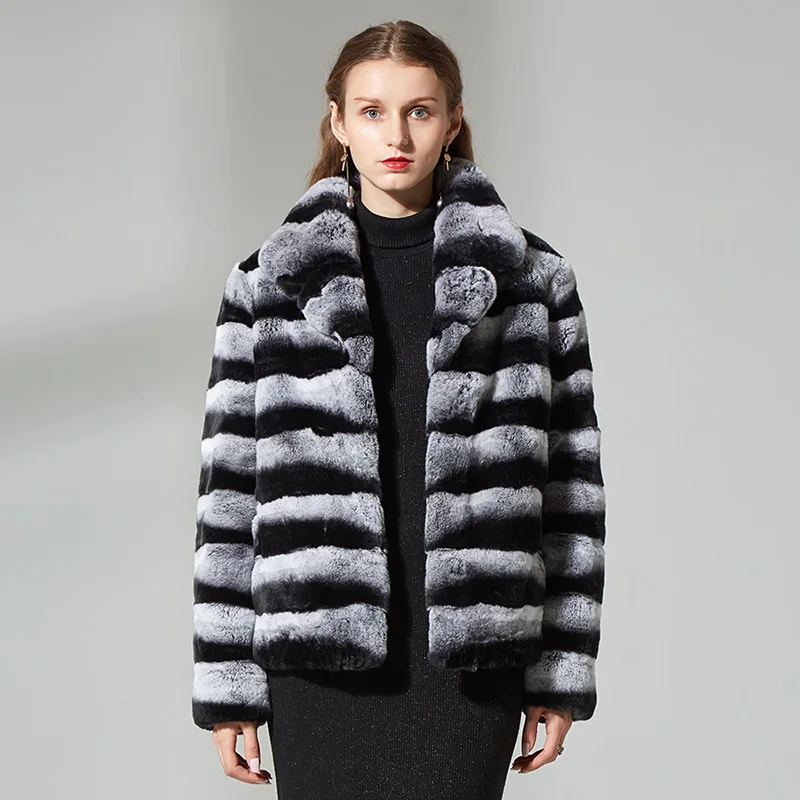 Шиншилла пальто с мехом Короткие кролика пальто с мехом натуральная Меховая куртка зимние женские куртки - Цвет: Черный