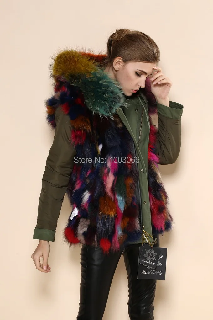 Новейший дизайн, смешанный цвет, внутренняя холодная, Роскошные итальянские женские зимние пальто из искусственного меха, разноцветная отделка лисьим мехом