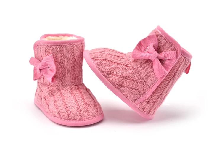 Детская зимняя теплая вязаная флисовая обувь для малышей, обувь для первых шагов, красивые ботильоны с бантом для маленьких девочек и мальчиков