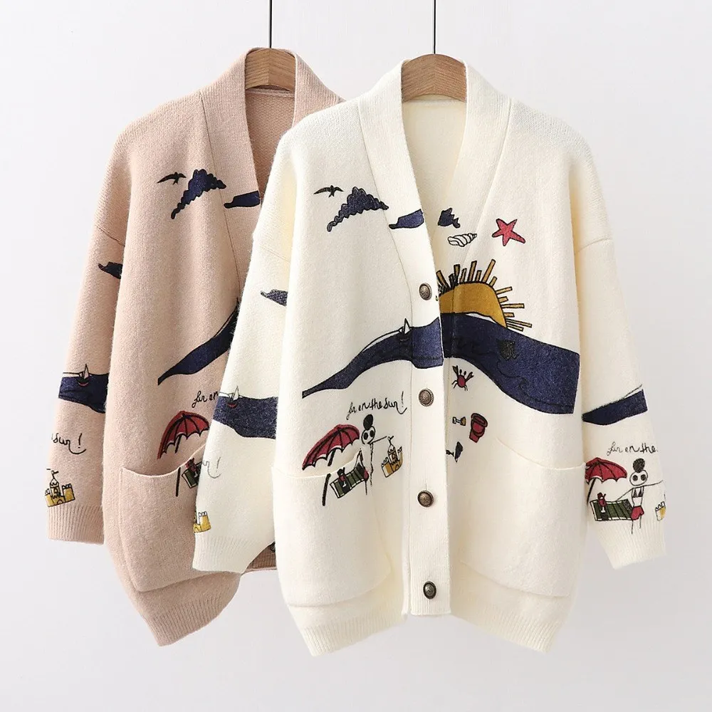 New Cartoon Knit Sweaters Women Cardigans Harajuku Embroidery Sweater Single Breasted V-neck Casual Loose outerwear Long Sweater