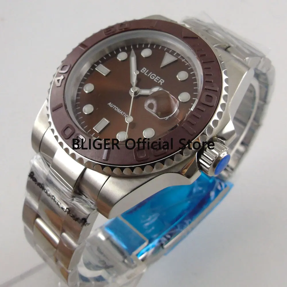 

BLIGER 40MM Brown Dial Ceramic Rotating Bezel Luminous Marks Sapphire Crystal Date Miyota Automatic Movement Men's Watch B275