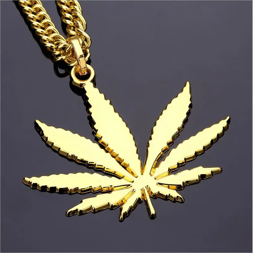 Brand Fashion Men Hemp Leaf Pendant Necklace Iced Out HipHop Gold Silver Color Long Statement Rapper Cuban Chains | Украшения и