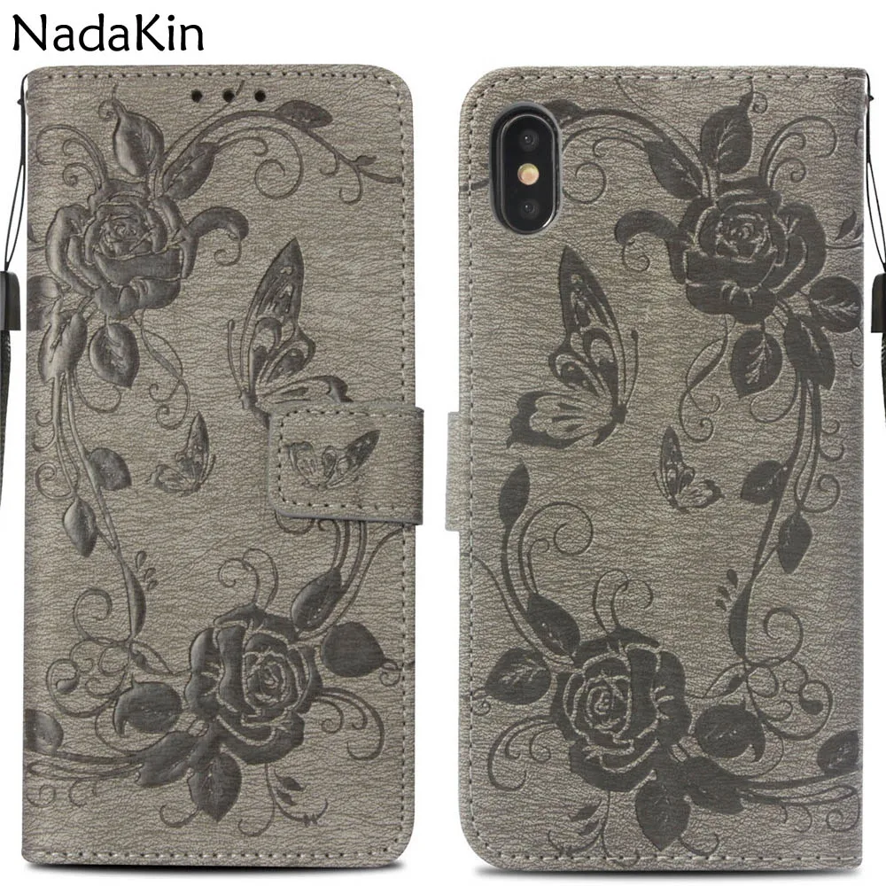 

Butterfly Flower Embossed Flip Leather Book Case Shell for iPhone 6 6S 7 8 Plus X XS MAX XR 5 5S SE Wallet Cover With Strap