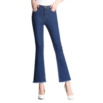 

Micro-la jeans Women's Spring and Summer new Korean version of the High Waist was Thin Large size Flared pants Raw Nine pants
