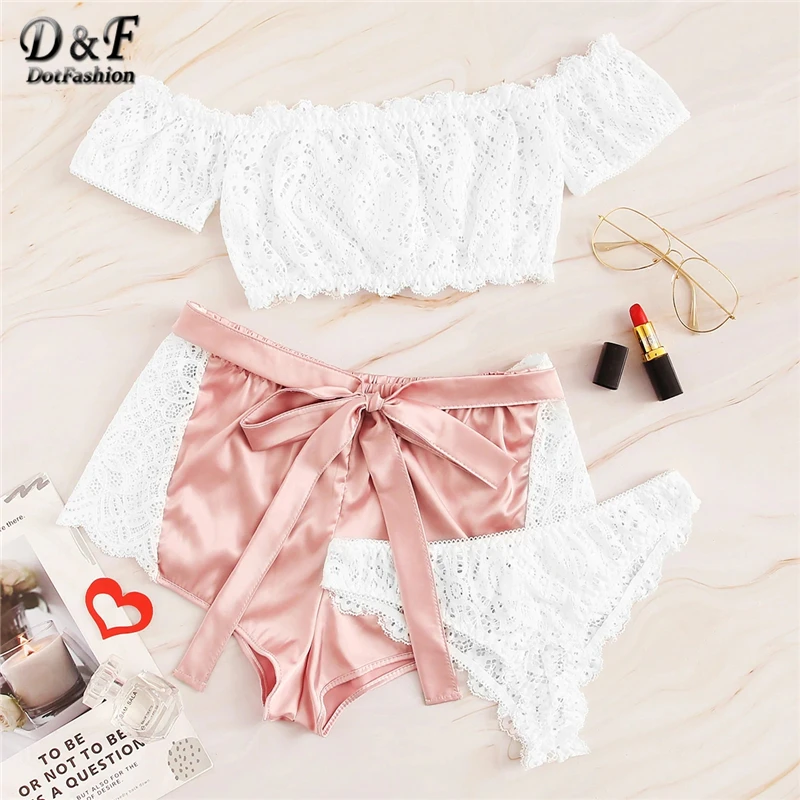 

Dotfashion Floral Lace Bardot Lingerie Set With Satin Shorts 3pack Women 2019 Summer Sexy Set Ladies Bra And Panty Underwear Set