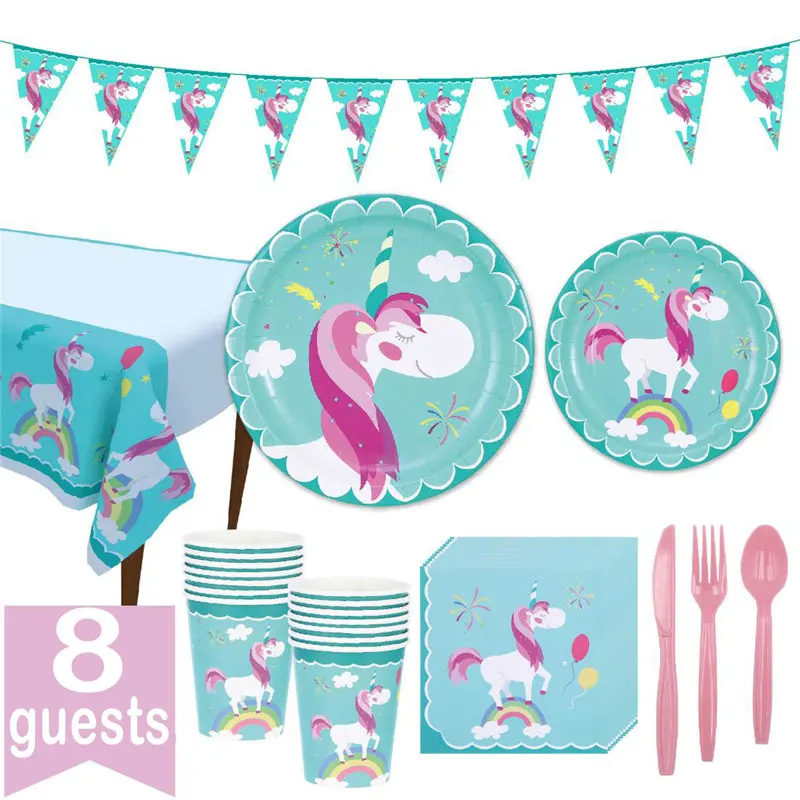 

8 Guests Unicorn Birthday Party Decorations Kids Girl Favors Disposable Tableware Napkins Cups Plates Unicorn Party Supplies