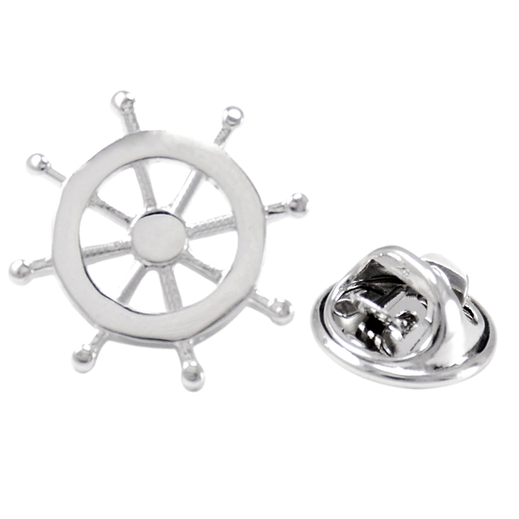 Silver Brass Nautical Ship Steering Wheel Collar Lapel Badge Marine Charms Fashion Women Mens Shirt Pin